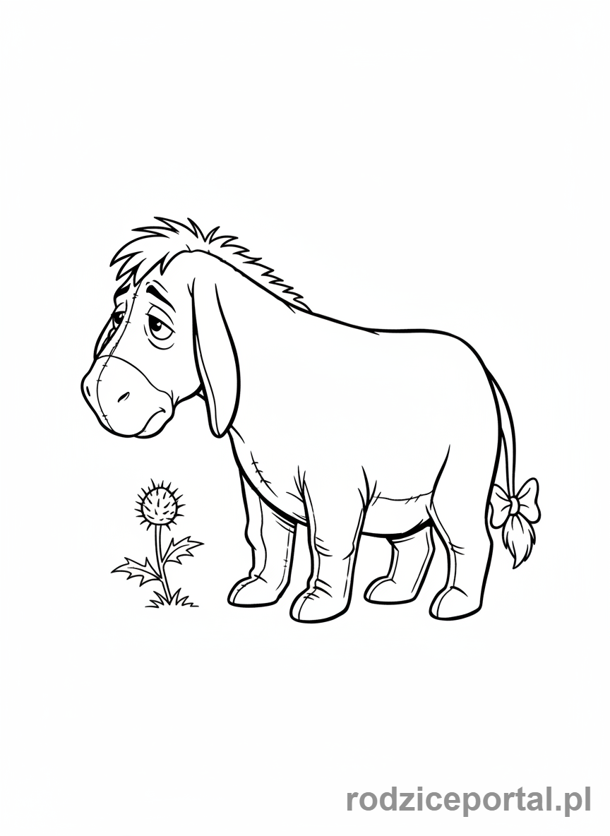 Kolorowanka Kubuś Puchatek - Kłapouchy stojący samotnie ze smutną miną.