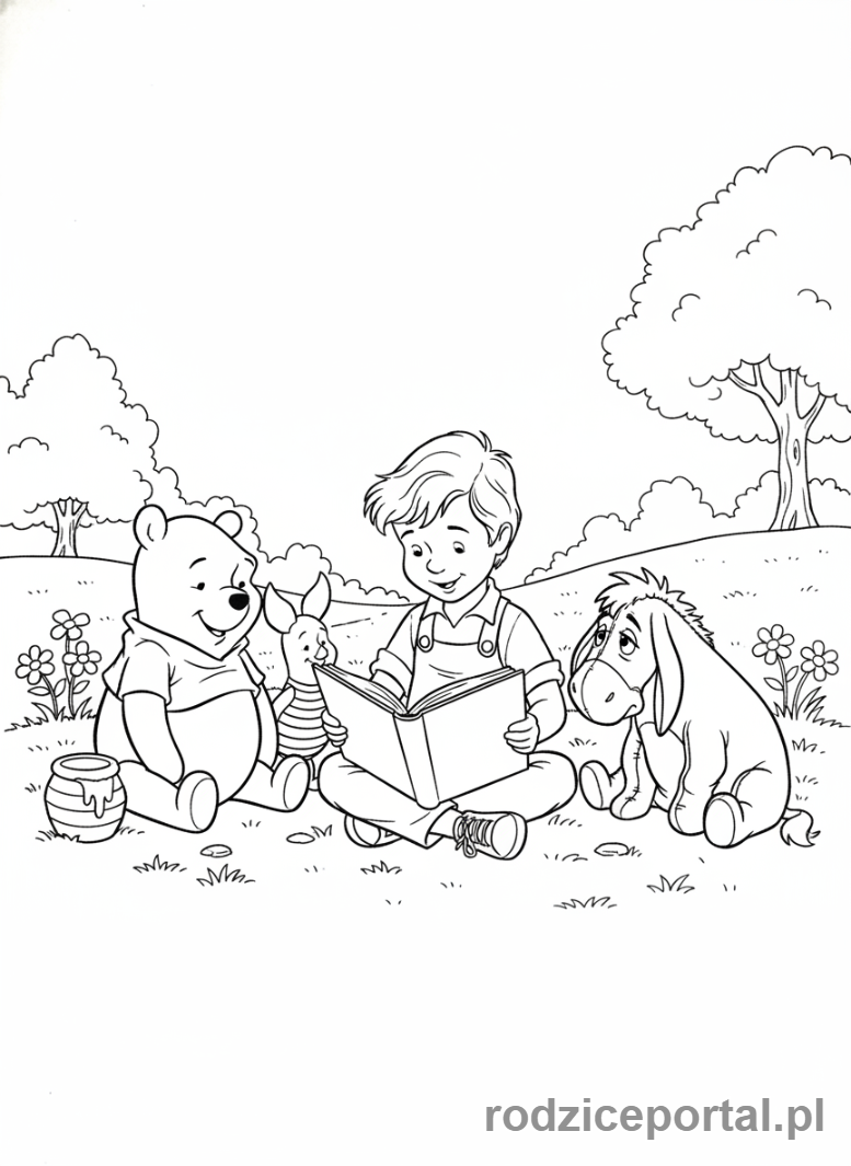 Kolorowanka Kubuś Puchatek - Krzyś czytający książkę zwierzętom