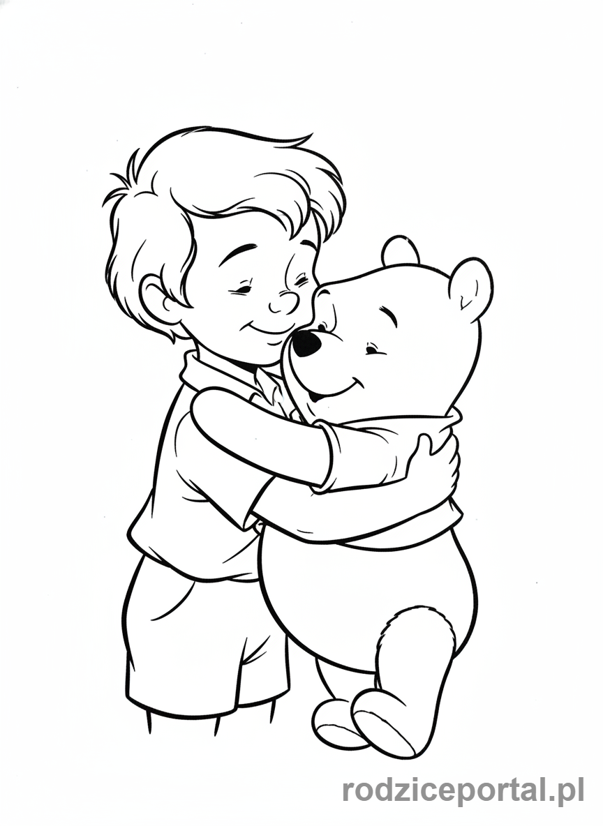 Kolorowanka Kubuś Puchatek - Krzyś przytulający Kubusia Puchatka.