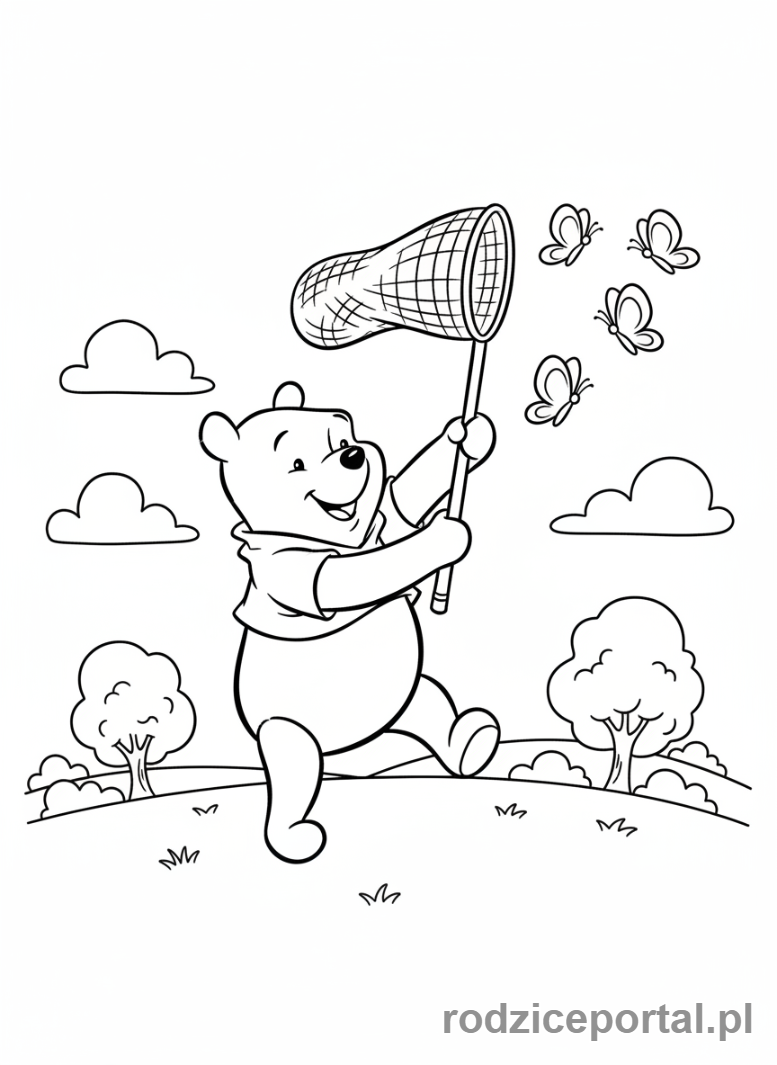 Kolorowanka Kubuś Puchatek - Kubuś Puchatek łapiący motyle siatką