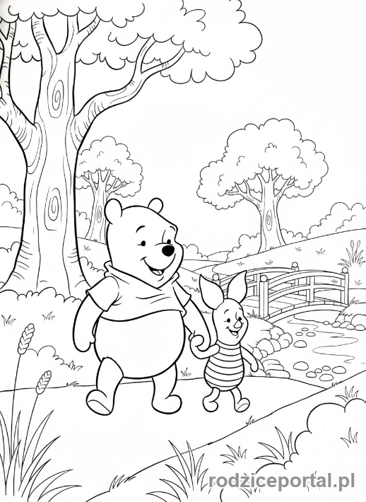 Kolorowanka Kubuś Puchatek - Kubuś Puchatek i Prosiaczek idący ręka w rękę.