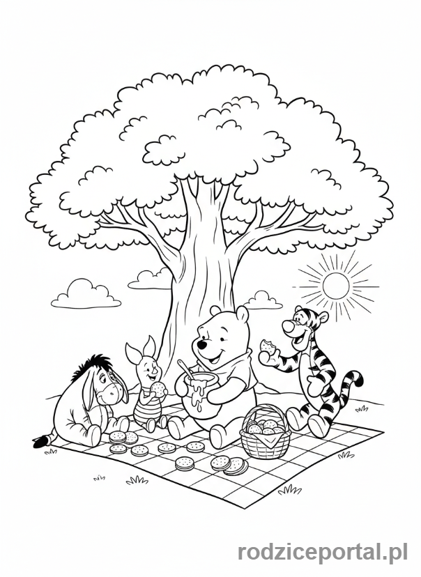 Kolorowanka Kubuś Puchatek - Kubuś Puchatek i przyjaciele na pikniku.