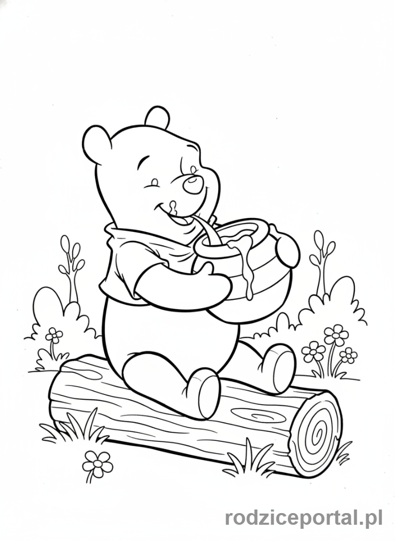 Kolorowanka Kubuś Puchatek - Kubuś Puchatek jedzący miód z garnka.