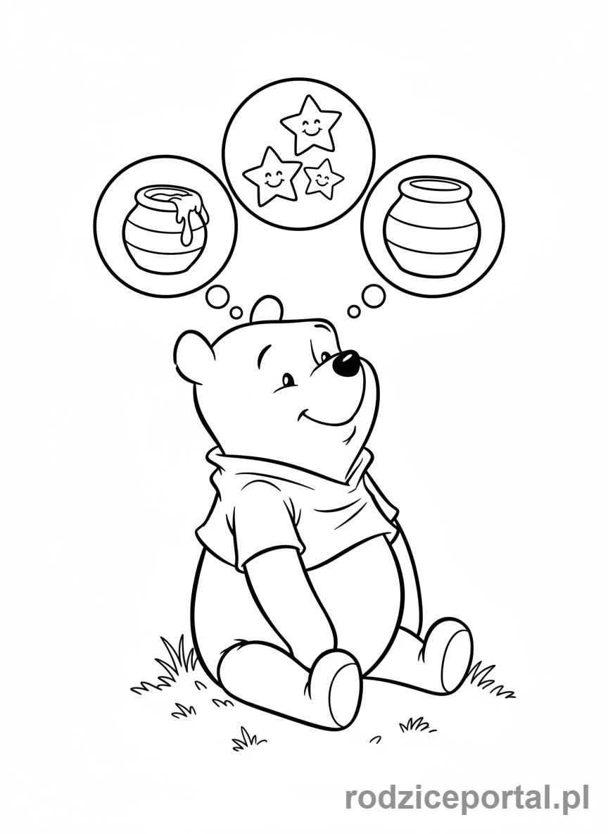 Kolorowanka Kubuś Puchatek - Kubuś Puchatek marzący o miodzie z gwiazdkami