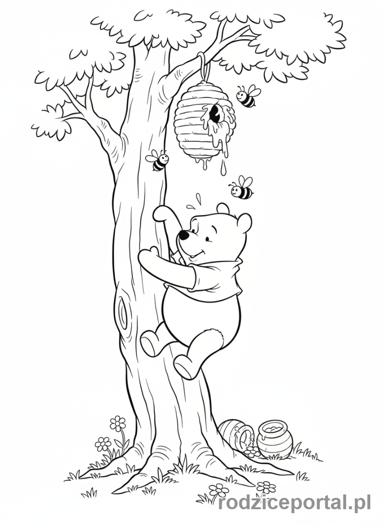 Kolorowanka Kubuś Puchatek - Kubuś Puchatek próbujący wspiąć się na drzewo po miód.
