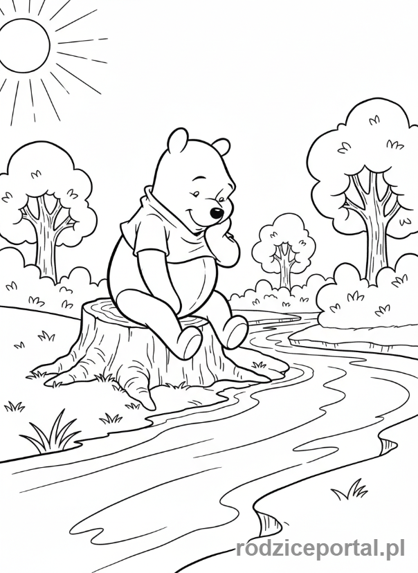 Kolorowanka Kubuś Puchatek - Kubuś Puchatek siedzący na pieńku nad rzeką