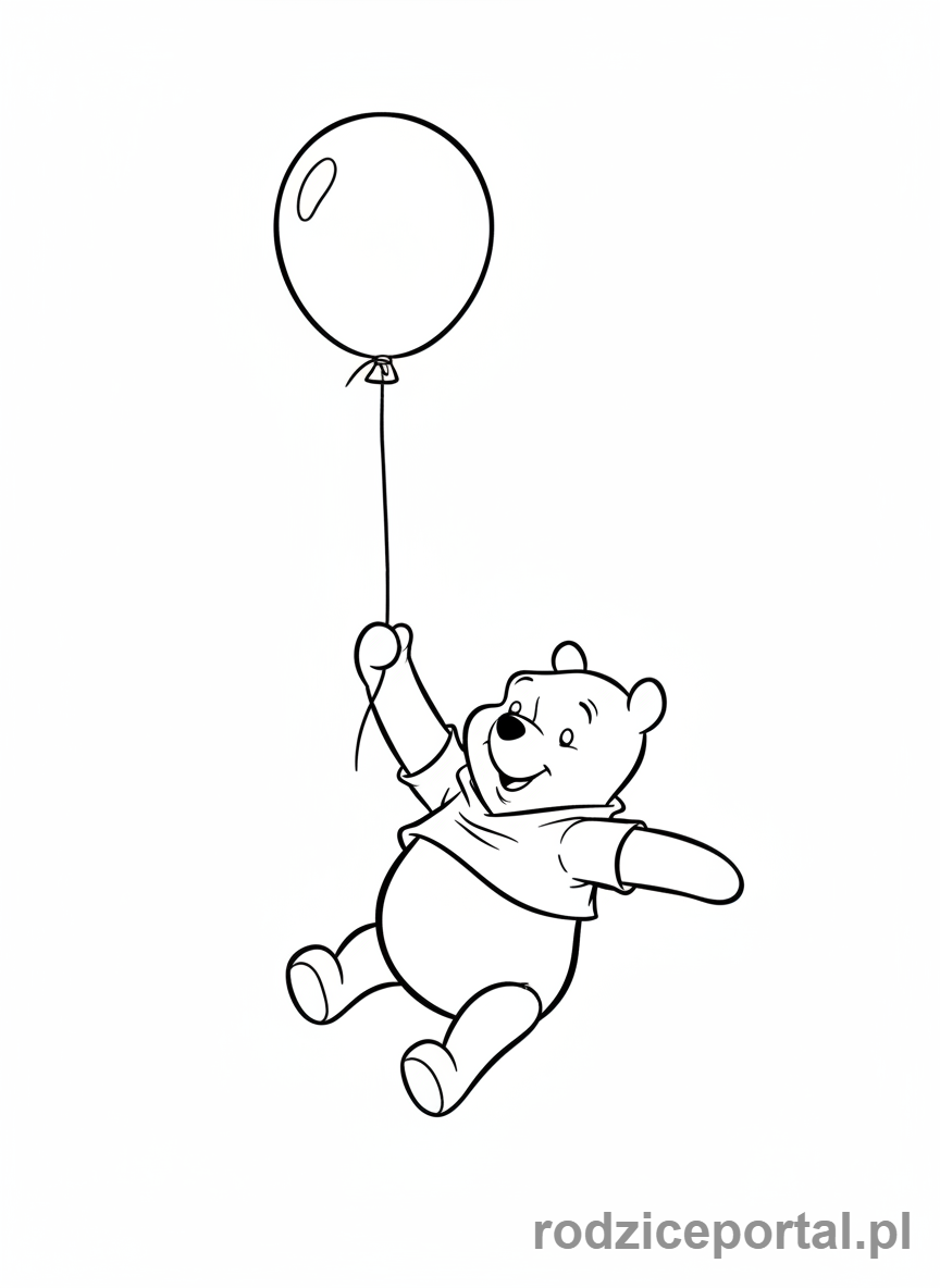 Kolorowanka Kubuś Puchatek - Kubuś Puchatek unoszący się na czerwonym balonie.