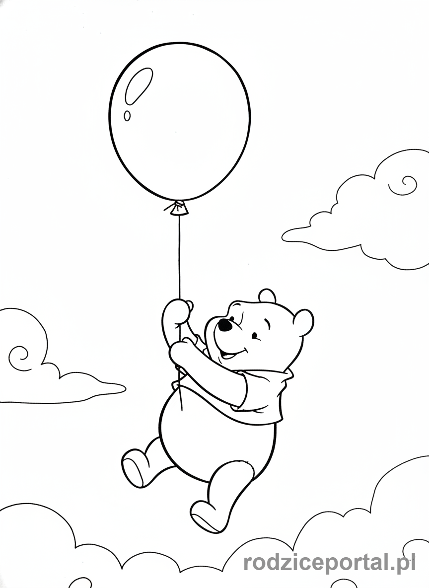 Kolorowanka Kubuś Puchatek - Kubuś Puchatek z czerwonym balonikiem unoszącym go w powietrze