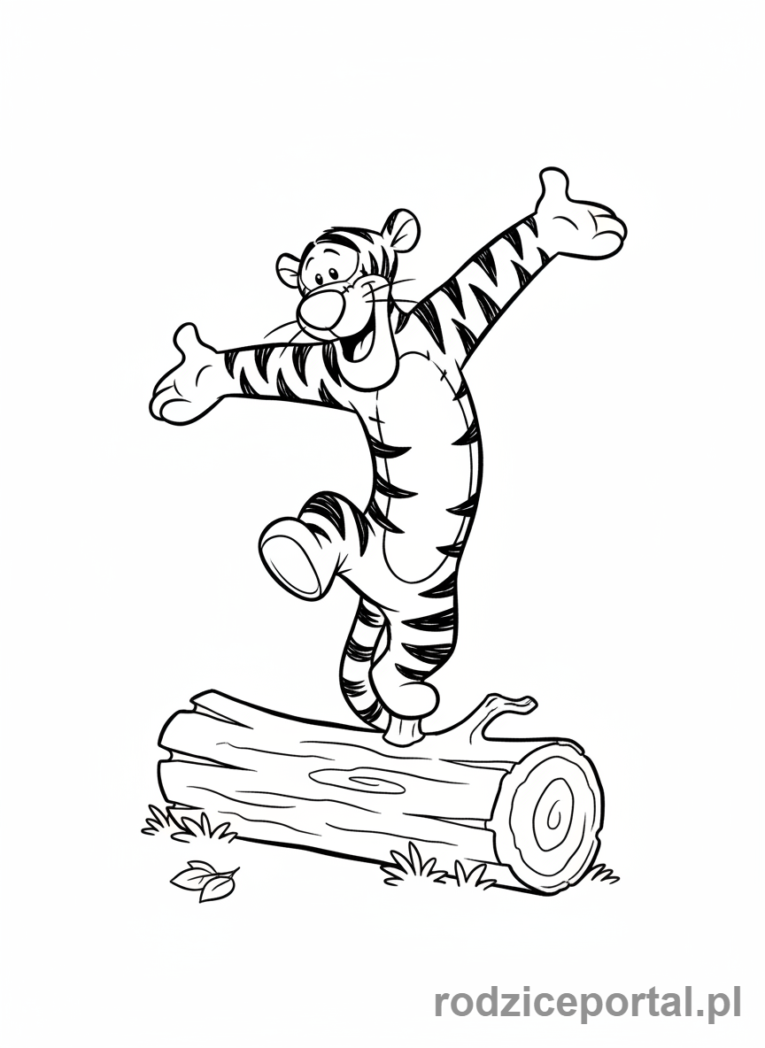 Kolorowanka Kubuś Puchatek - Tygrysek balansujący na ogonie na kłodzie
