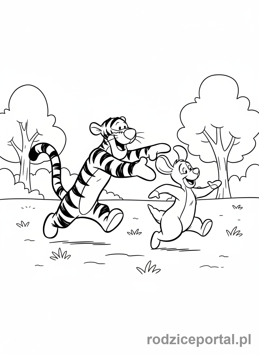 Kolorowanka Kubuś Puchatek - Tygrysek i Maleństwo Roo bawiący się razem.