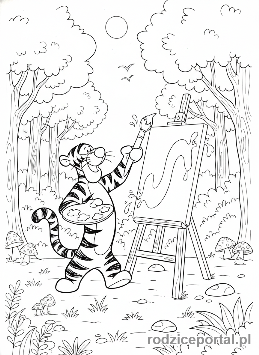 Kolorowanka Kubuś Puchatek - Tygrysek malujący obrazek w lesie