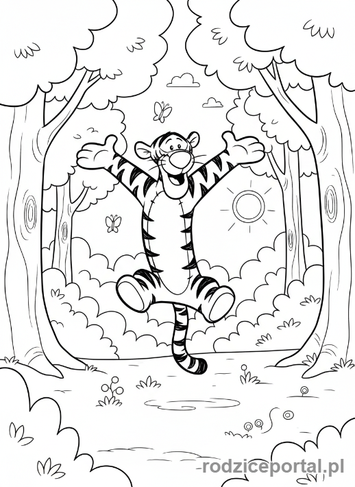 Kolorowanka Kubuś Puchatek - Tygrysek skaczący radośnie po lesie