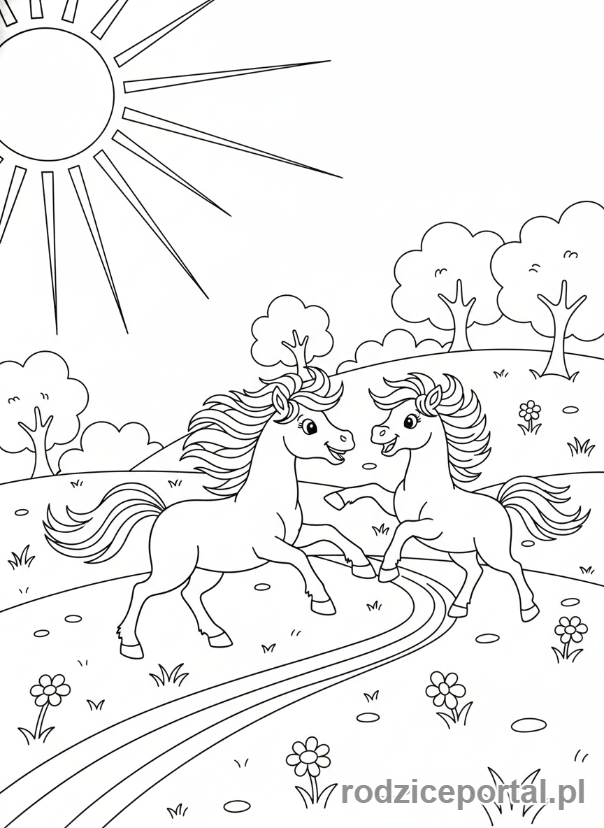 Kolorowanka Kucyki - Dwa kucyki bawiące się razem.