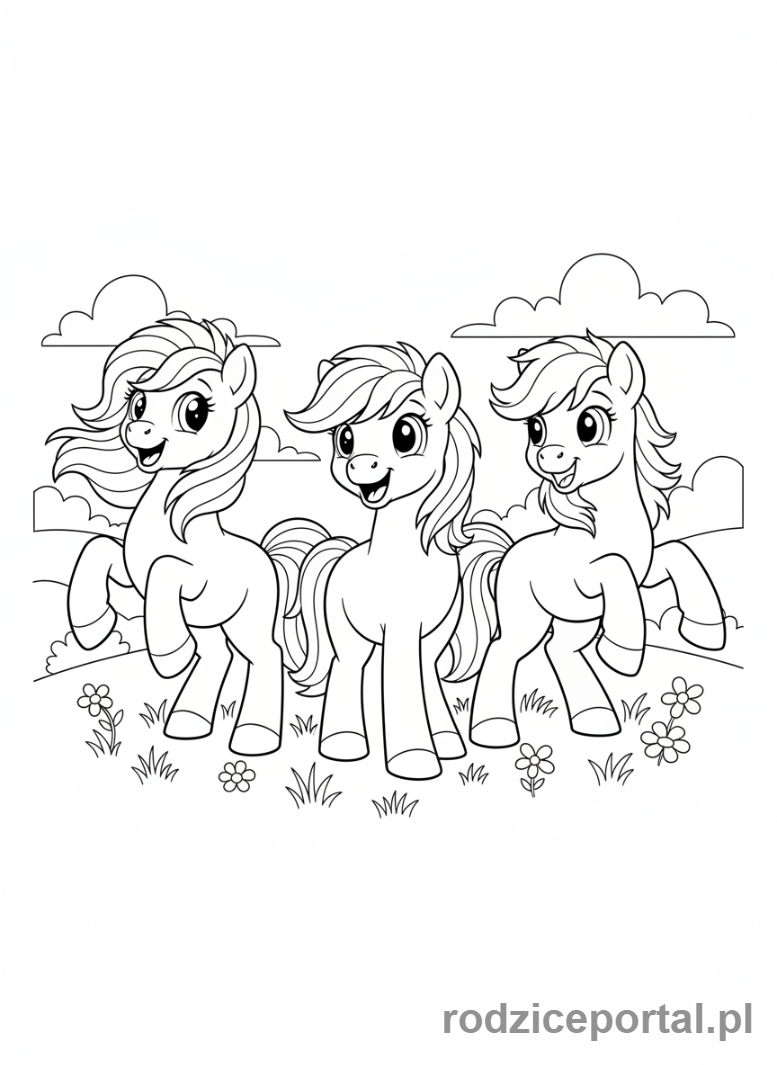 Kolorowanka Kucyki - Grupa trzech wesołych kucyków