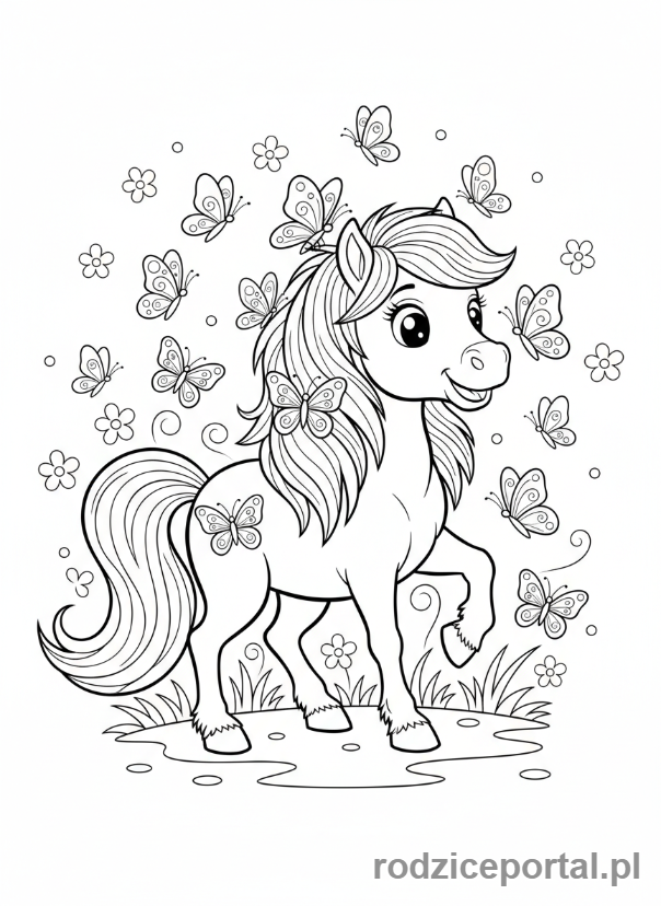 Kolorowanka Kucyki - Kucyk bawiący się z motylami.