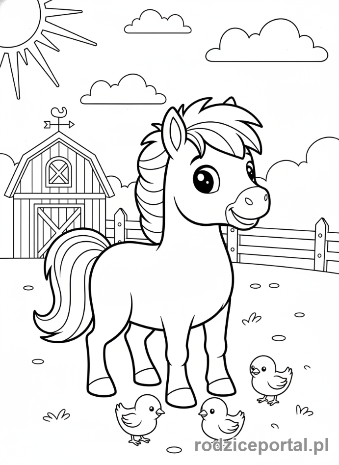 Kolorowanka Kucyki - Kucyk na farmie z kurczętami