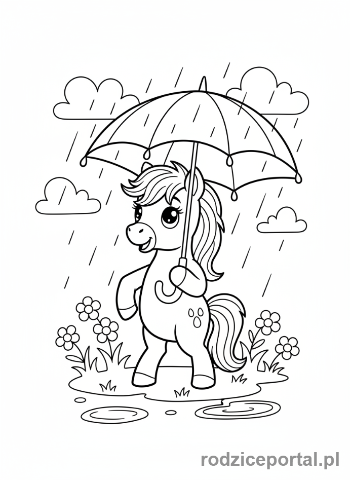 Kolorowanka Kucyki - Kucyk pod parasolem w deszczu