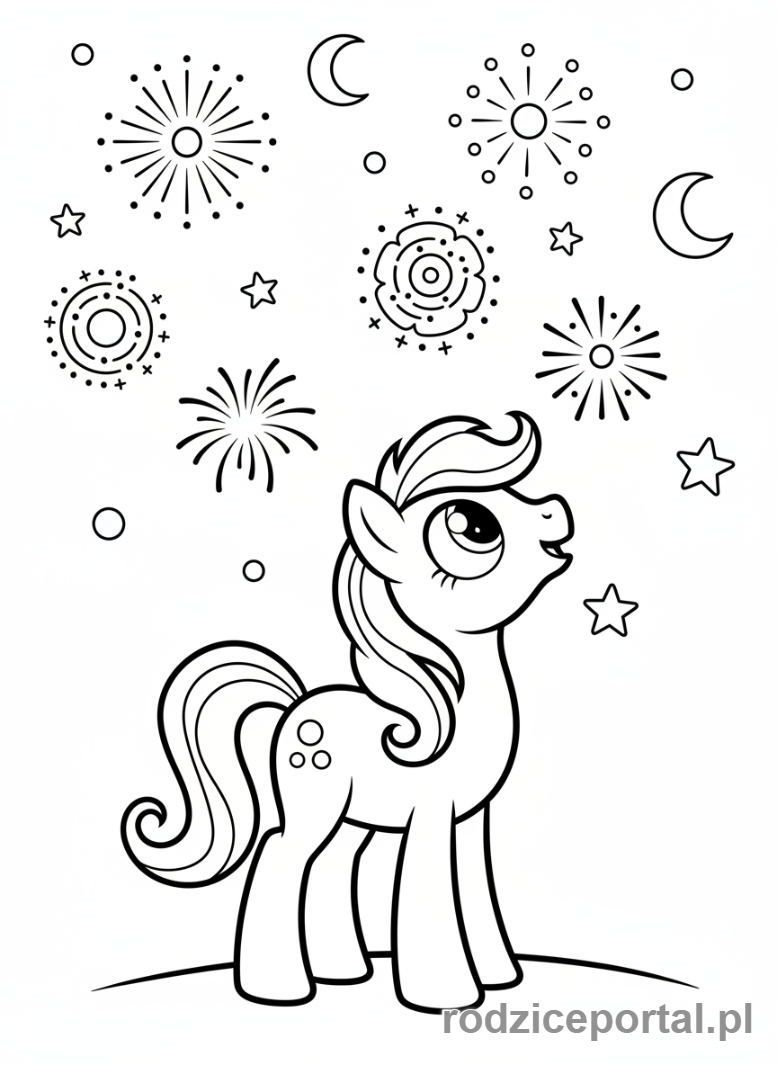 Kolorowanka Kucyki - Kucyk z fajerwerkami w tle