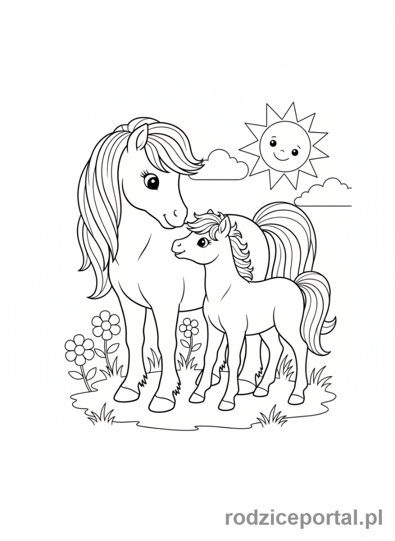 Kolorowanka Kucyki - Kucyk z małym źrebakiem.