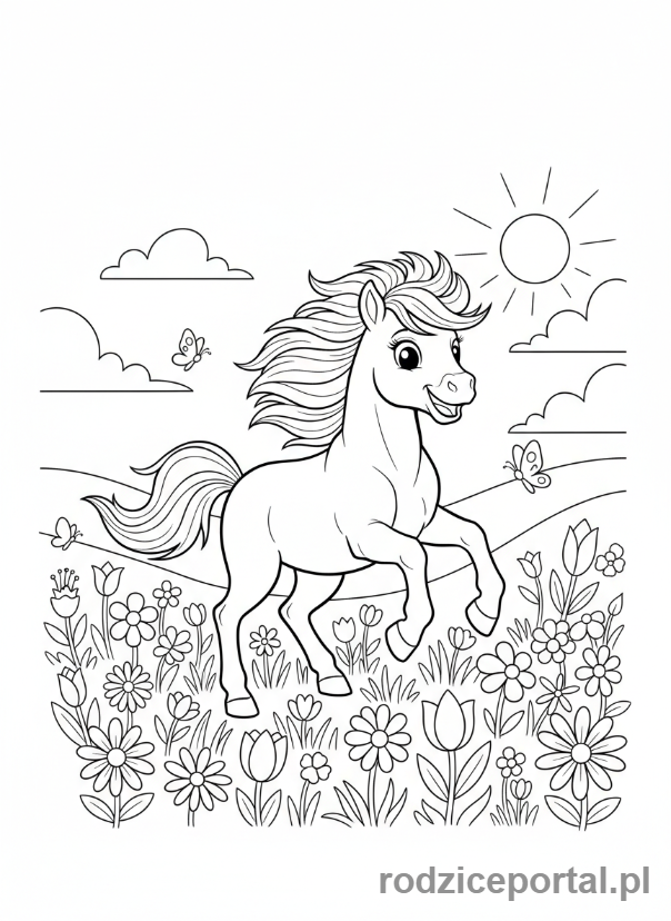 Kolorowanka Kucyki - Wesoły kucyk biegnący po łące