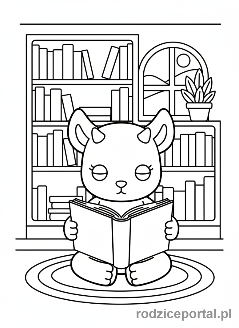 Kolorowanka Labubu - Labubu siedzące i czytające książkę