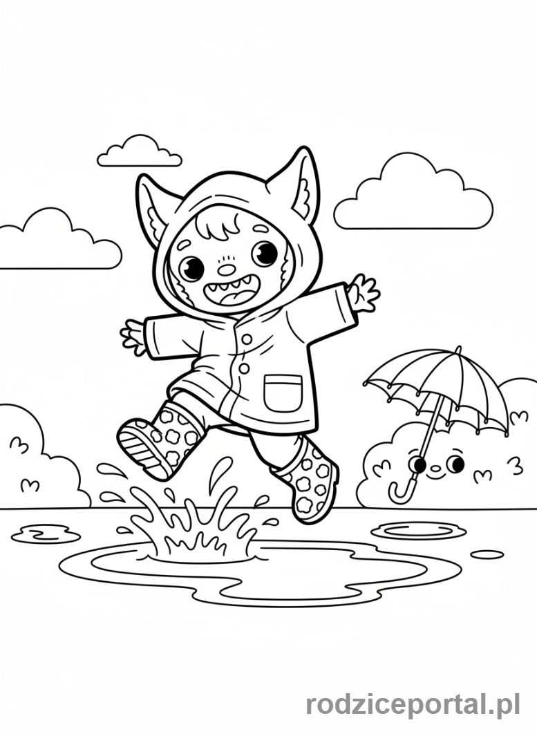 Kolorowanka Labubu - Labubu w deszczu z kaloszami