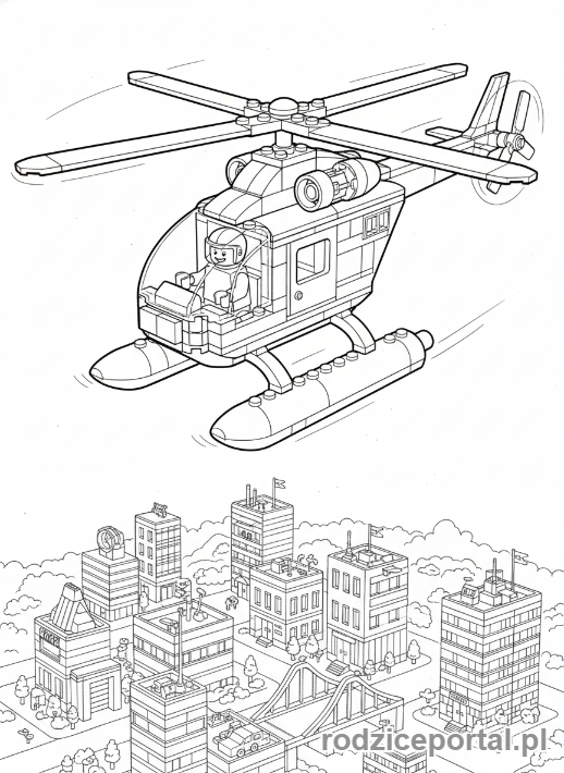 Kolorowanka Lego City - Helikopter ratunkowy Lego City latający nad miastem