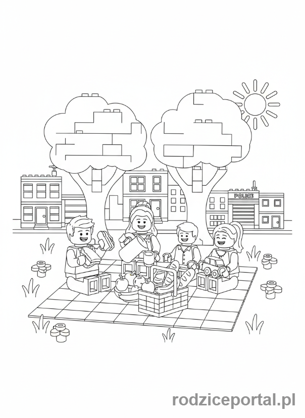 Kolorowanka Lego City - Rodzina Lego City piknikująca w parku