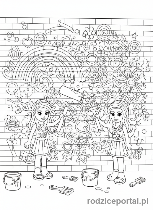 Kolorowanka Lego Friends - Andrea i Emma malujące mural.