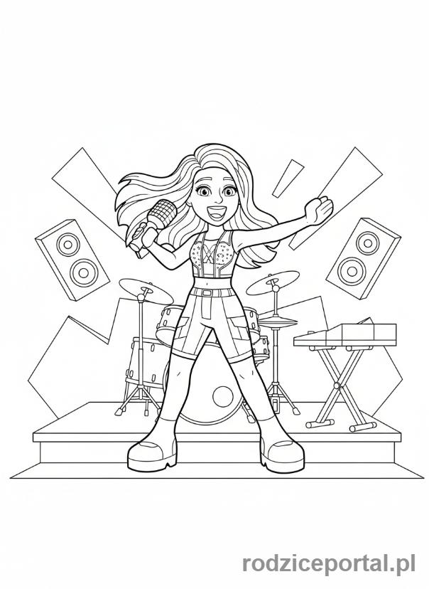 Kolorowanka Lego Friends - Andrea śpiewająca na scenie z mikrofonem.