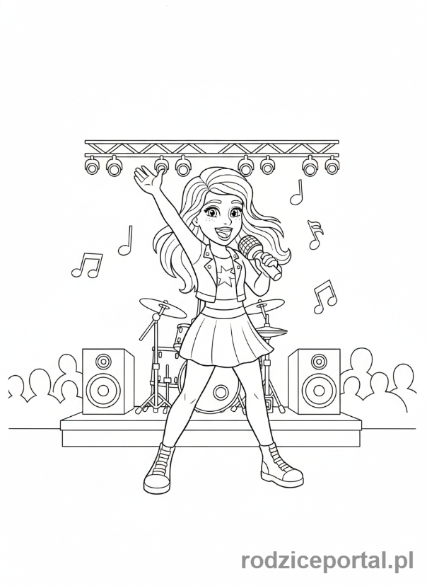 Kolorowanka Lego Friends - Andrea śpiewająca z mikrofonem na scenie.