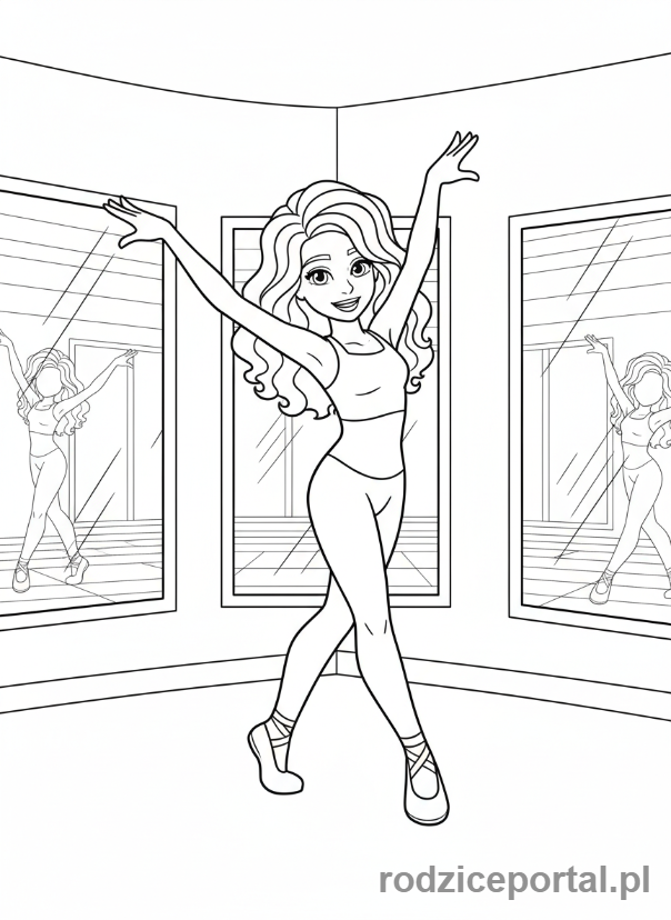 Kolorowanka Lego Friends - Andrea w dynamicznej pozie tanecznej w studiu.