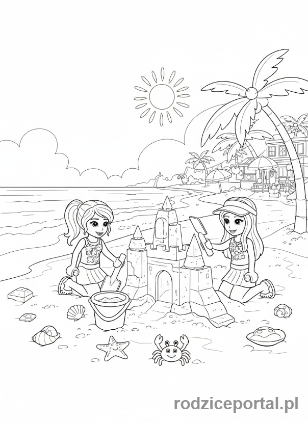 Kolorowanka Lego Friends - Dwie przyjaciółki Lego Friends budujące zamek z piasku na plaży.