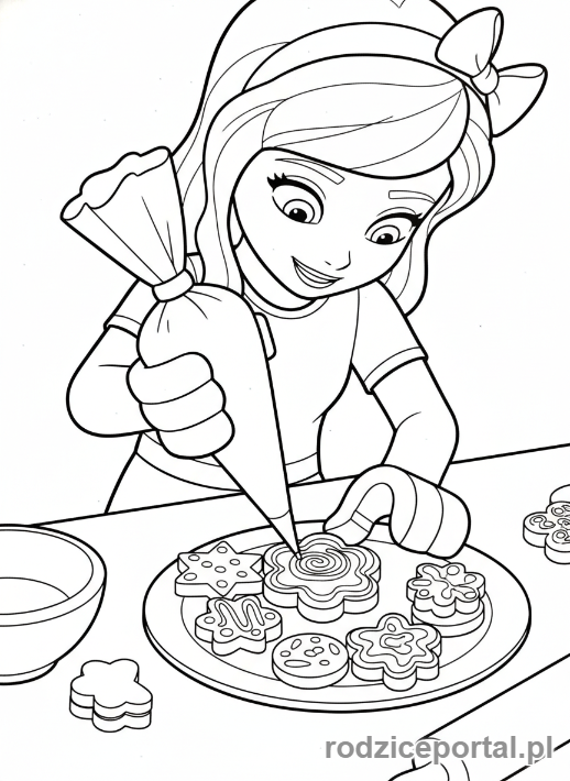 Kolorowanka Lego Friends - Emma dekorująca ciastka.