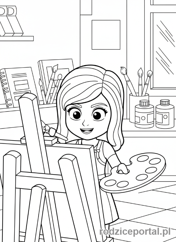 Kolorowanka Lego Friends - Emma malująca obraz na sztaludze.