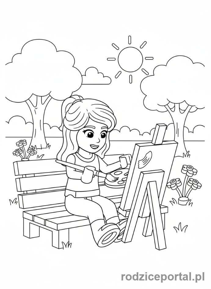 Kolorowanka Lego Friends - Emma malująca obraz w parku.