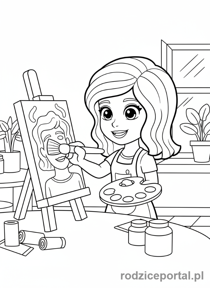 Kolorowanka Lego Friends - Emma malująca portret.