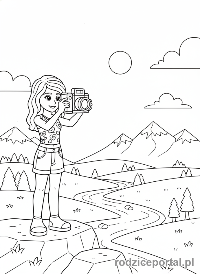 Kolorowanka Lego Friends - Emma robiąca zdjęcia krajobrazu.