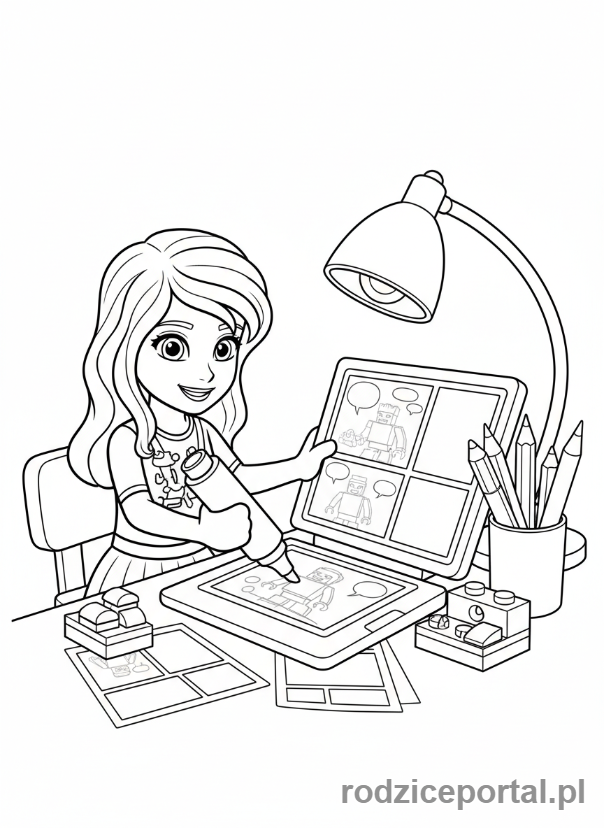 Kolorowanka Lego Friends - Emma rysująca komiks.