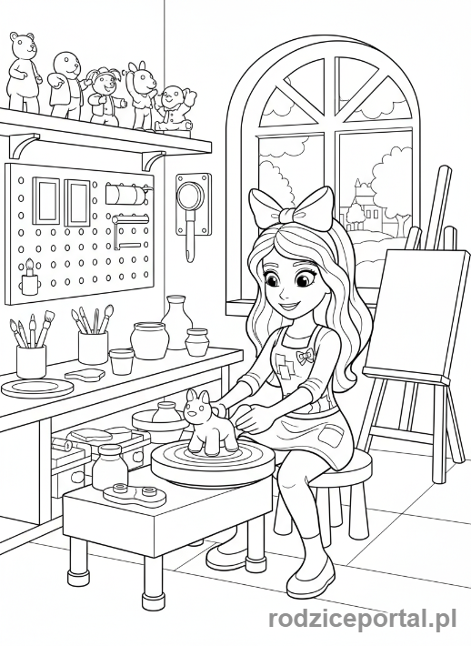 Kolorowanka Lego Friends - Emma rzeźbiąca glinianą figurkę.