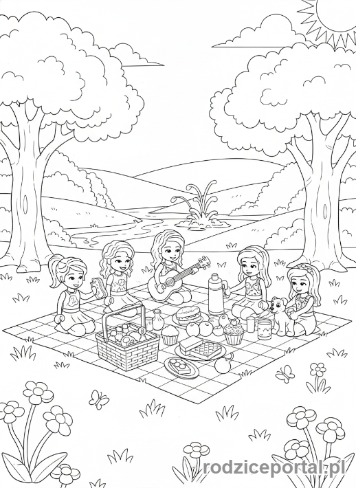 Kolorowanka Lego Friends - Grupa Lego Friends na pikniku.