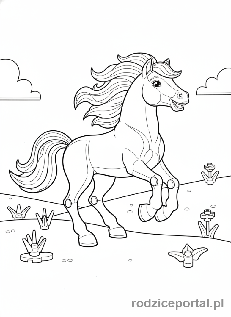 Kolorowanka Lego Friends - Kucyk Lego Friends galopujący po pastwisku.