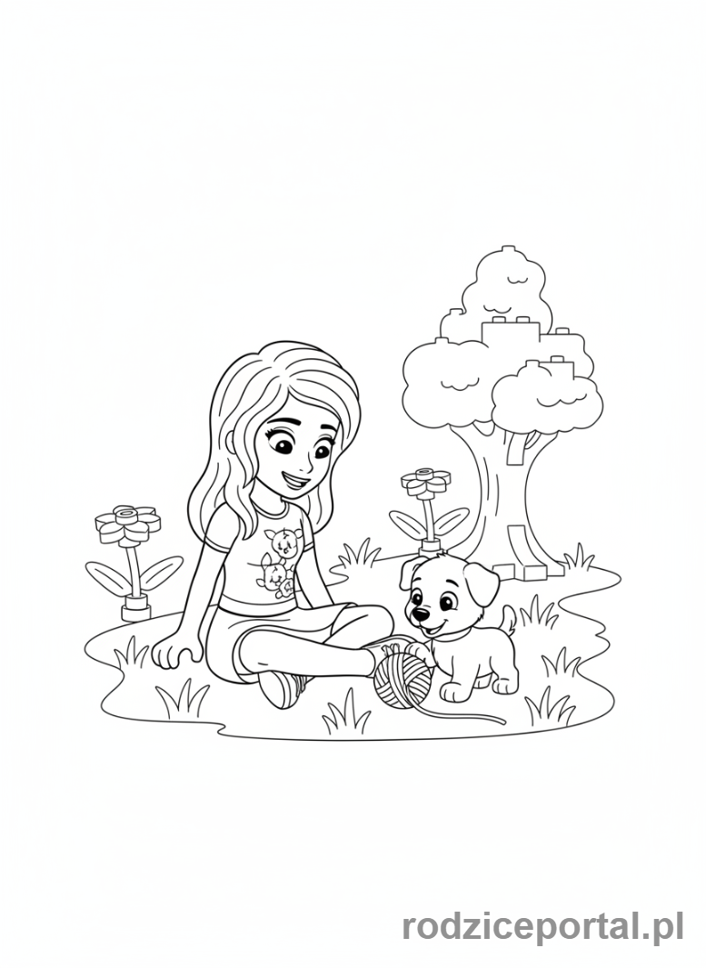 Kolorowanka Lego Friends - Mia bawiąca się z uroczym szczeniaczkiem na trawie.