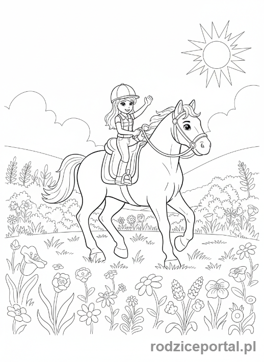 Kolorowanka Lego Friends - Mia jeżdżąca konno.