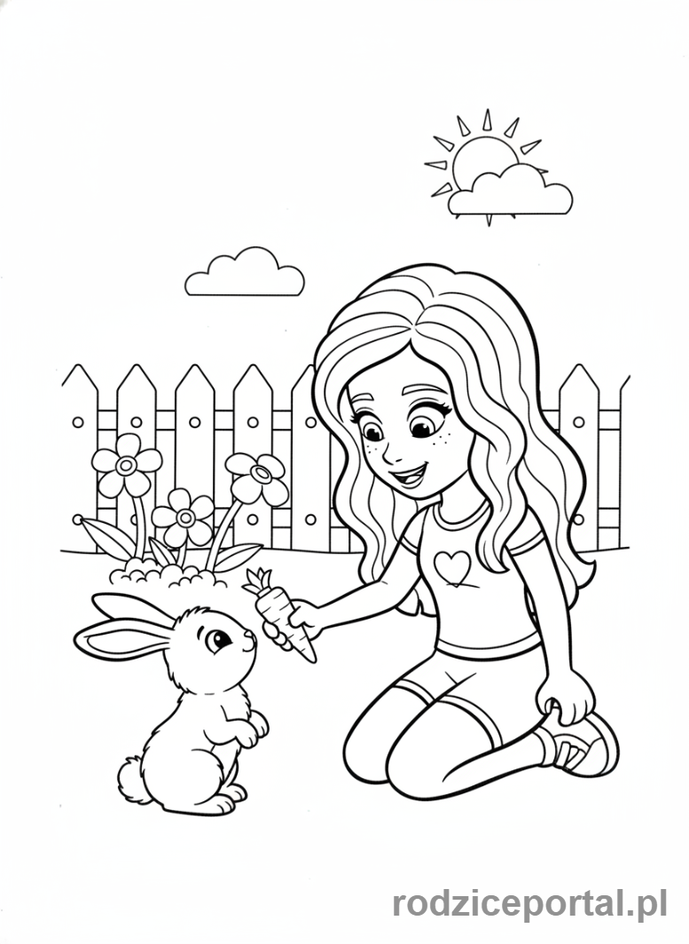 Kolorowanka Lego Friends - Mia karmiąca królika.