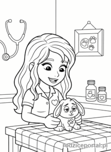 Kolorowanka Lego Friends - Mia opiekująca się chorym zwierzęciem.