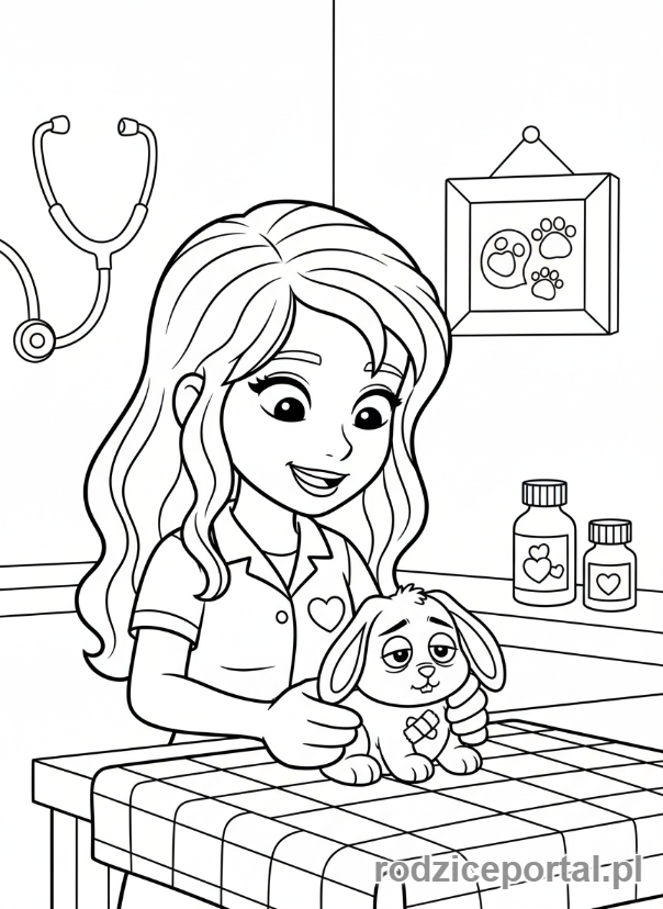 Kolorowanka Lego Friends - Mia opiekująca się chorym zwierzęciem.