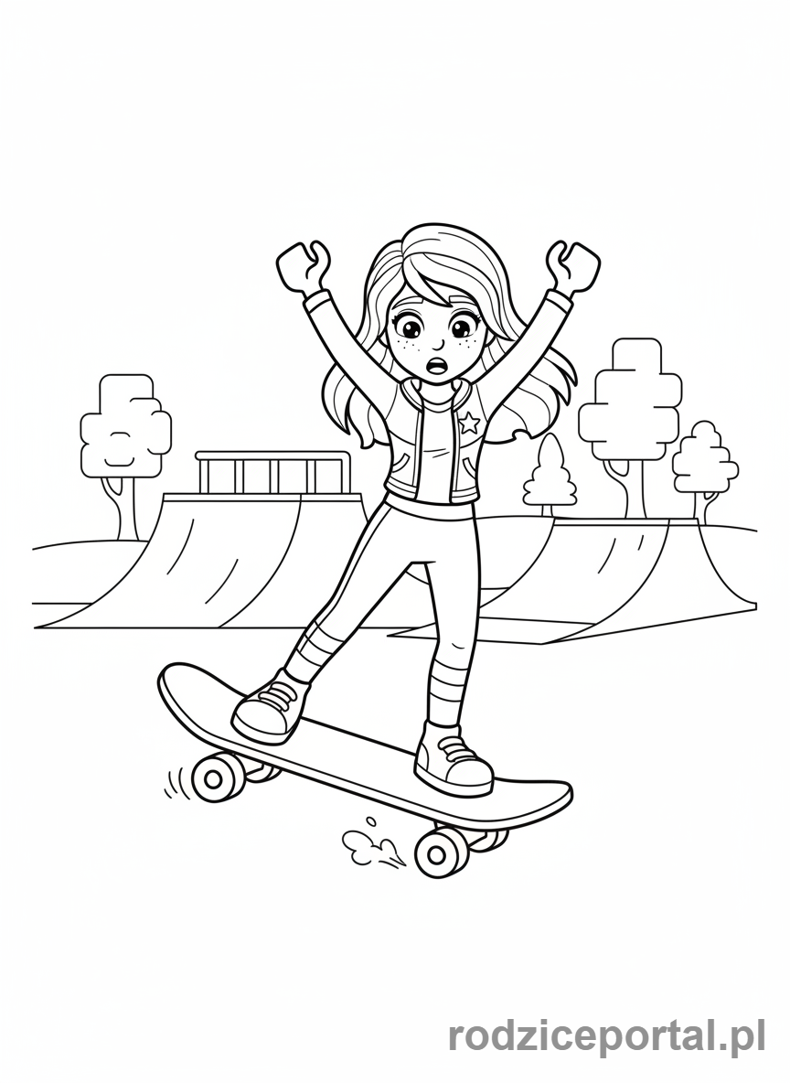 Kolorowanka Lego Friends - Mia ucząca się jazdy na deskorolce.