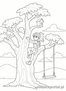 Kolorowanka Lego Friends - Mia wspinająca się na drzewo.
