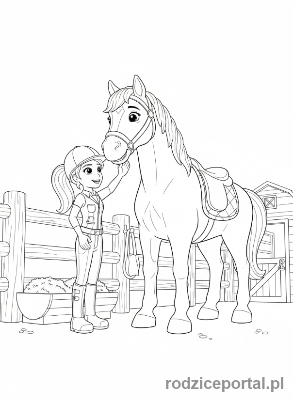 Kolorowanka Lego Friends - Mia z koniem w stajni, delikatnie go głaszcze.